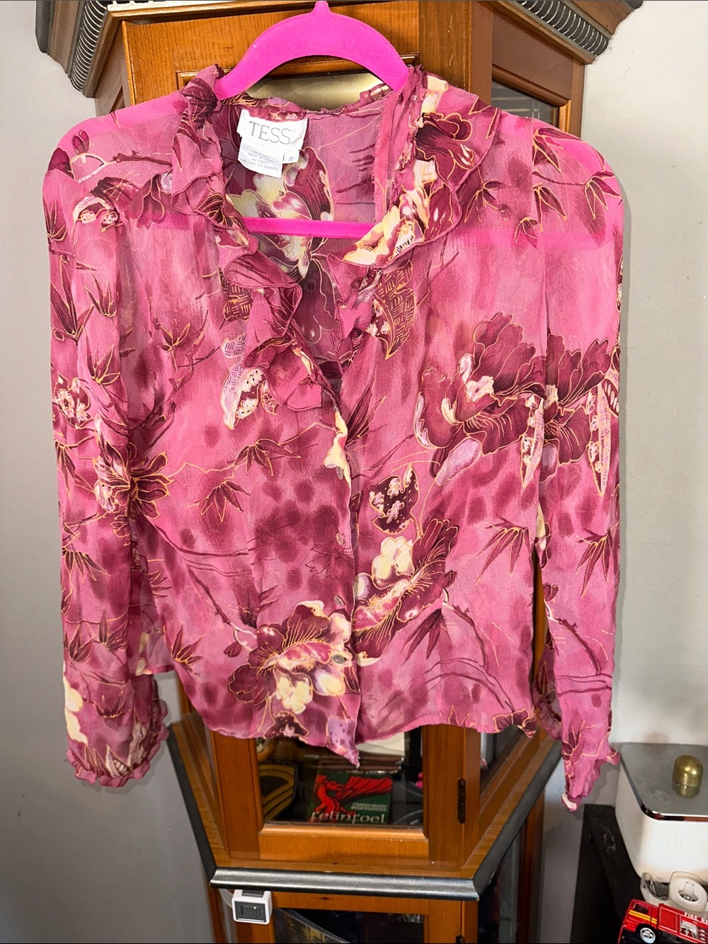 Pink Tess 100% Silk  Floral Ruffle Neck Blouse